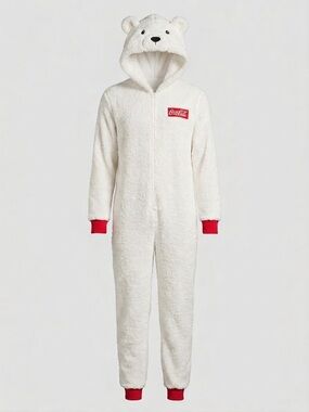 Coca Cola Women's White Sherpa Polar Bear Hooded Jumpsuit
